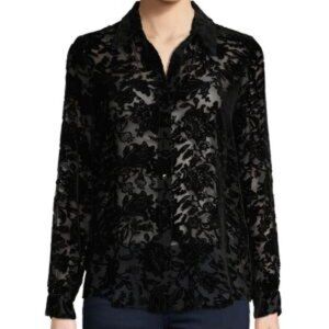 L'Agence S Velvet Floral Mesh Shirt Top Blouse in Black Sheer Chic Floral mesh
